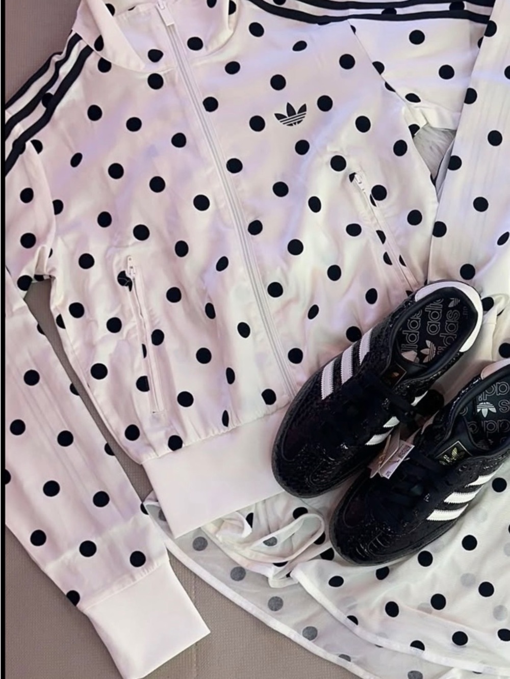 adidas Originals White Polka Dot Track Jacket with Black Stripes - Picture 6 of 12